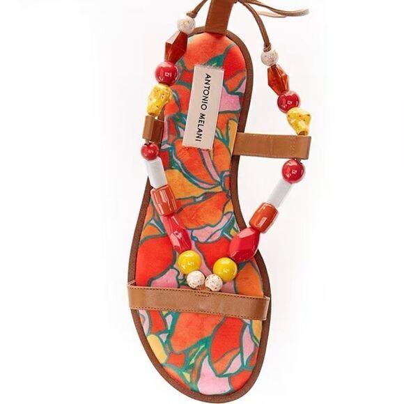 Antonio Melani | Loola Beaded Leather Ankle Wrap Flat Sandals - Picture 2 of 6